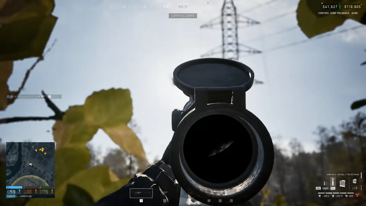 Sniper scope raised while scanning forest cover and parked trucks during a Control Zone match
