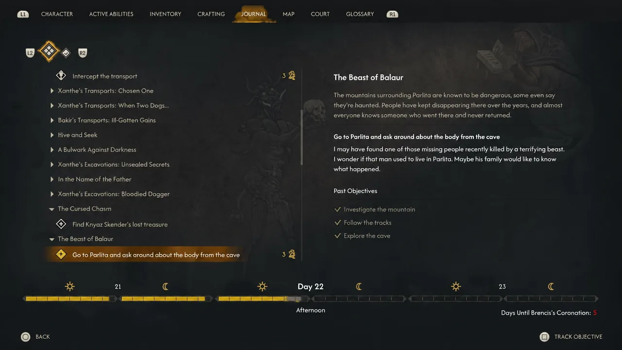 Quest journal entry telling Coen to go to Parlita and ask about the body from the cave