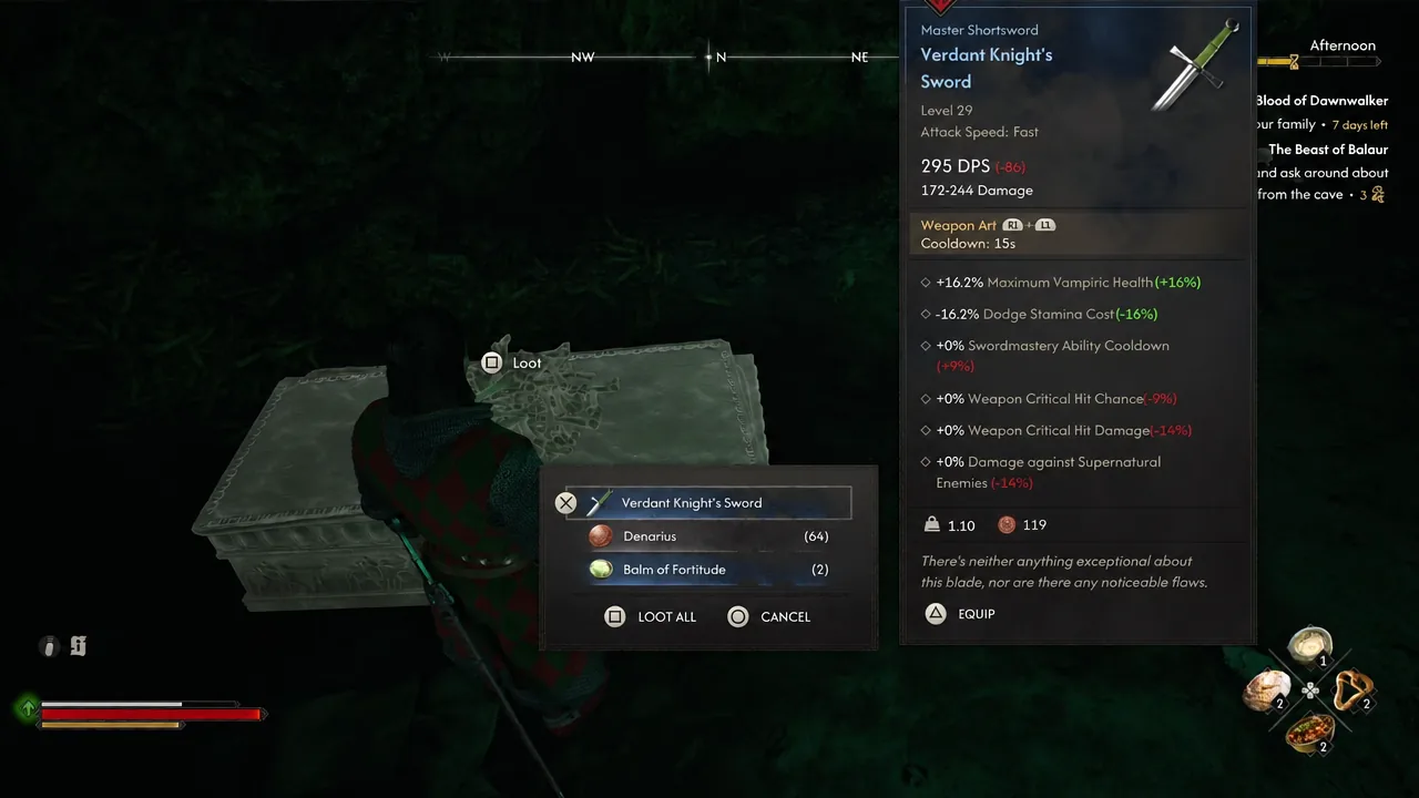 Loot screen showing the Verdant Knight's Sword and its weapon stats