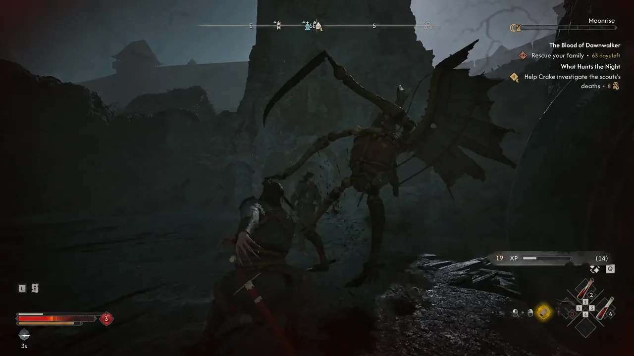 Player striking the winged skeletal beast with the quest tracker and combat HUD on screen