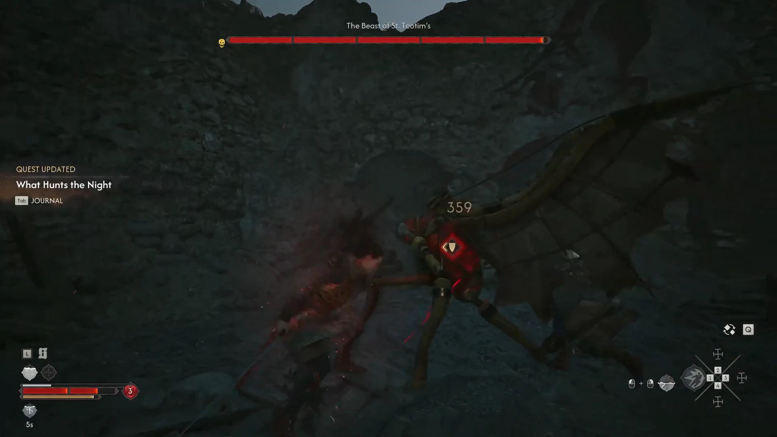 Boss health bar for The Beast of St. Teotim's as the player lands a 359 damage counterattack