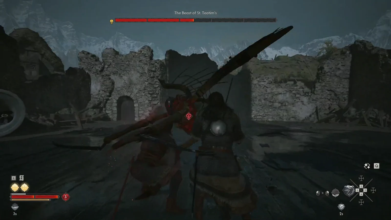 Close-quarters claw attack on the Beast of St. Teotim's with its boss health bar on screen