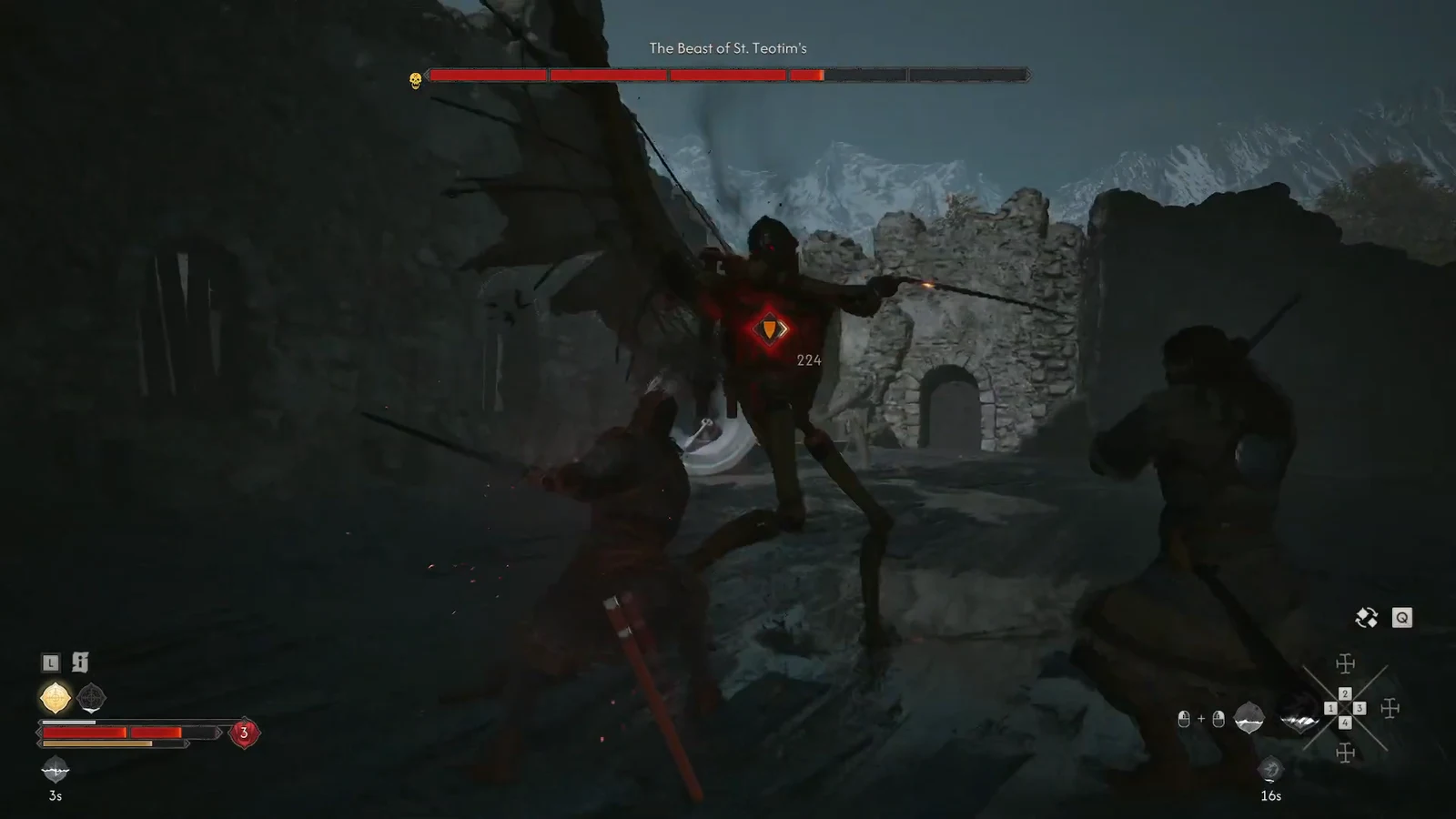 Player using a sword ability on the red-marked beast as its boss health bar drops