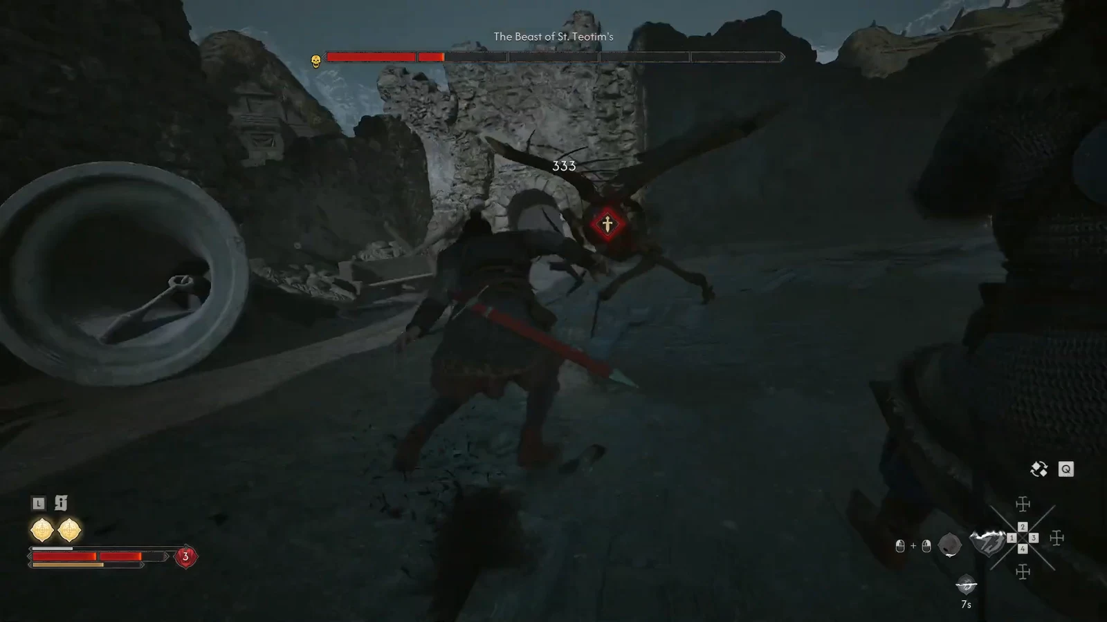 Damage number of 333 appearing as the beast's health bar sits partially depleted