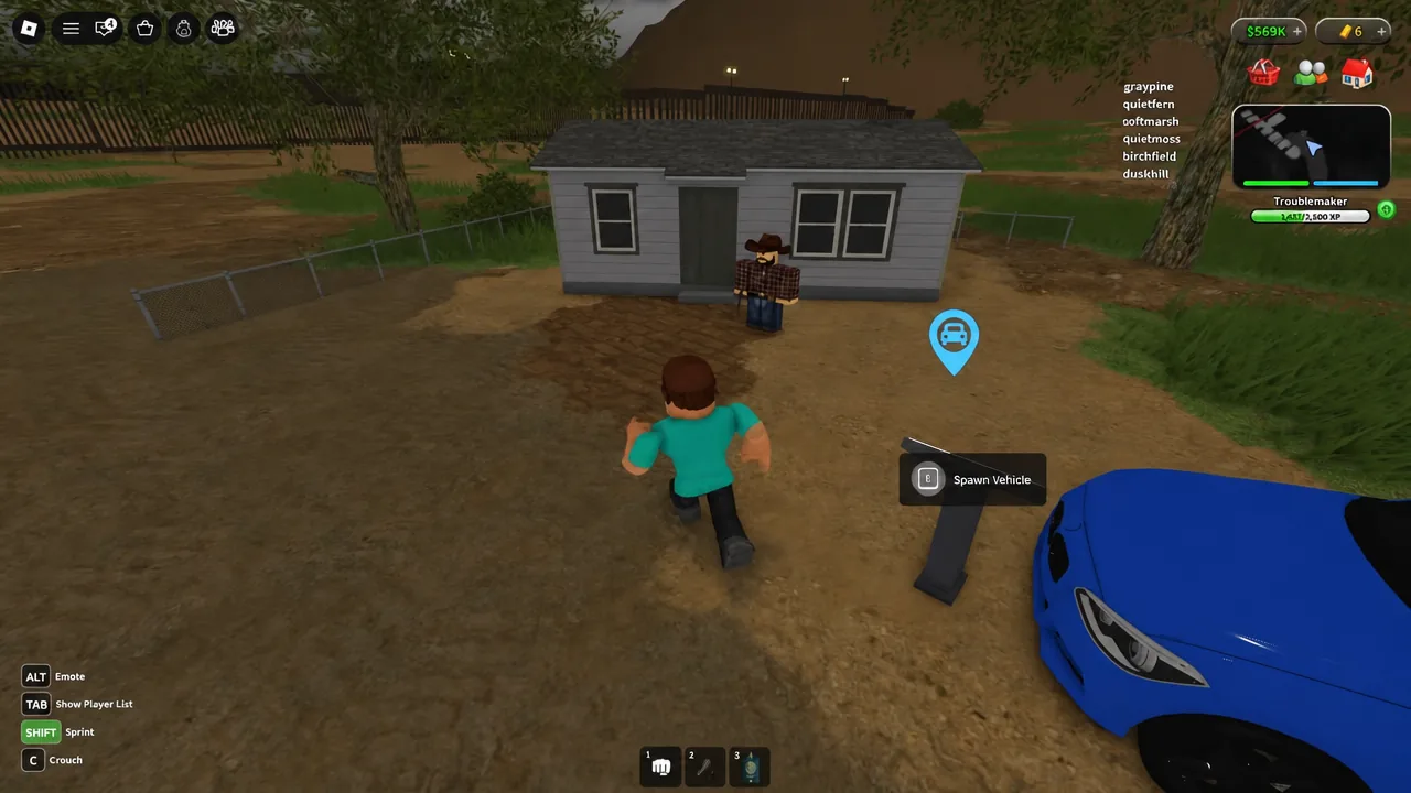Spawn Vehicle prompt highlighted on screen as a blue car appears at the parking lot