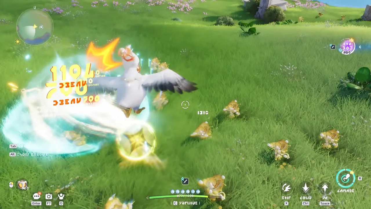 Player Aniimo attacking a cluster of mushroom enemies as damage numbers pop up on screen