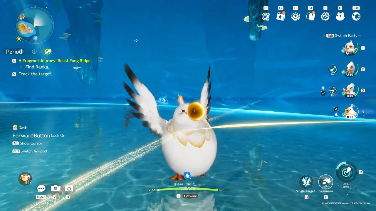 Winged creature flying over terrain with the Beast Fang Ridge quest tracker on screen