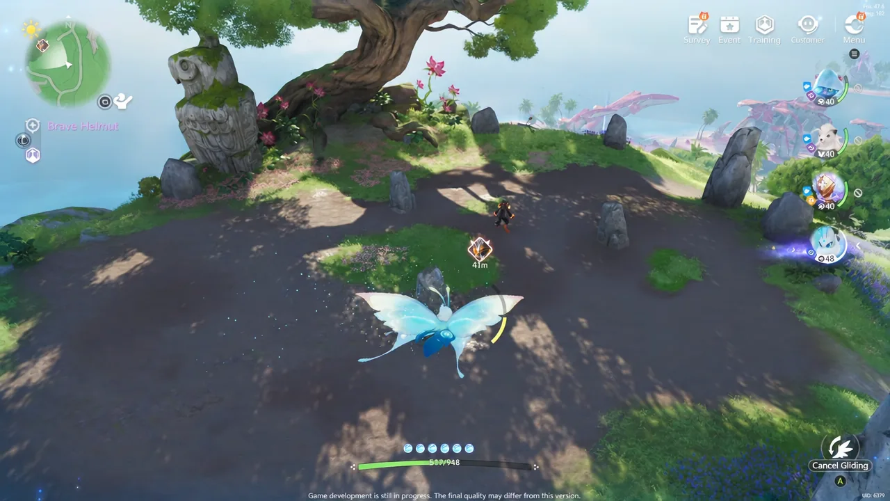 Character gliding toward an objective 41 meters away with the Cancel Gliding prompt visible
