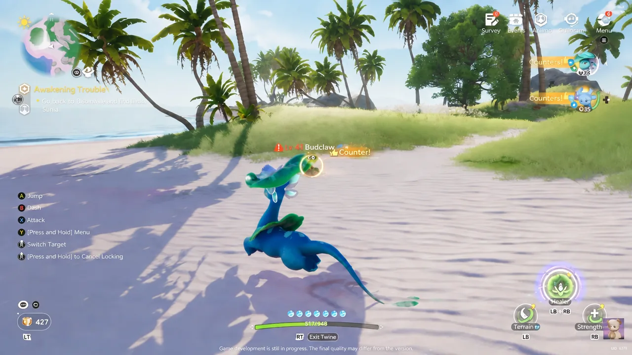 A level 44 Budclaw targeted in combat with a Counter prompt on screen