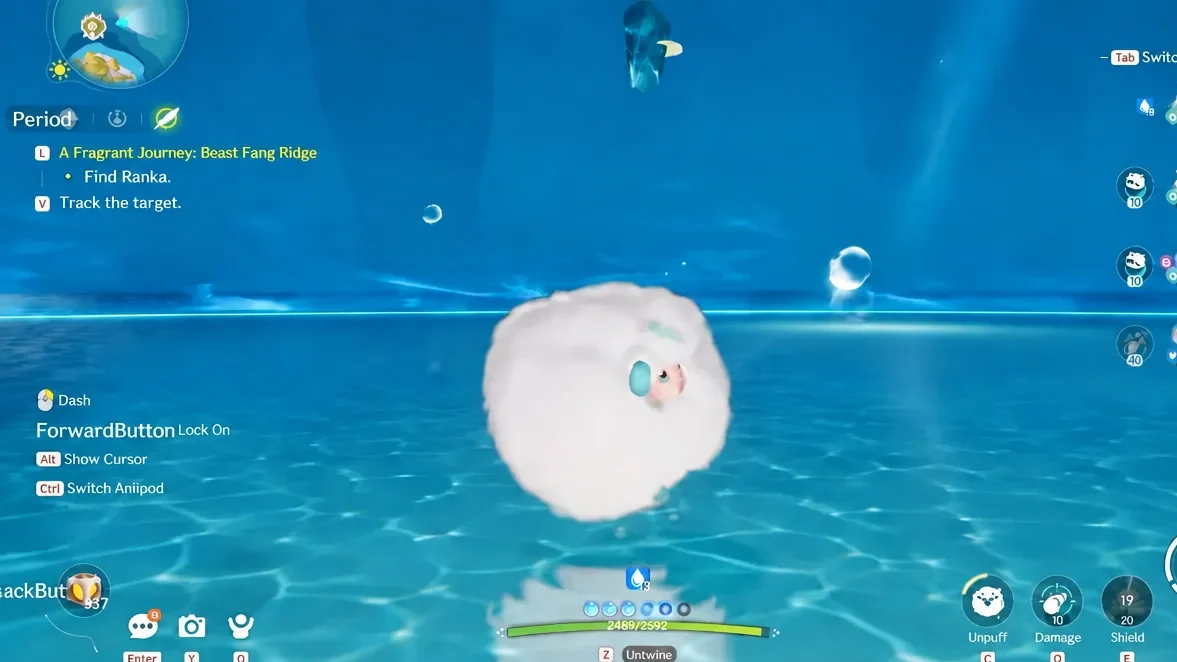 Underwater exploration with the Beast Fang Ridge quest objectives showing Find Ranka