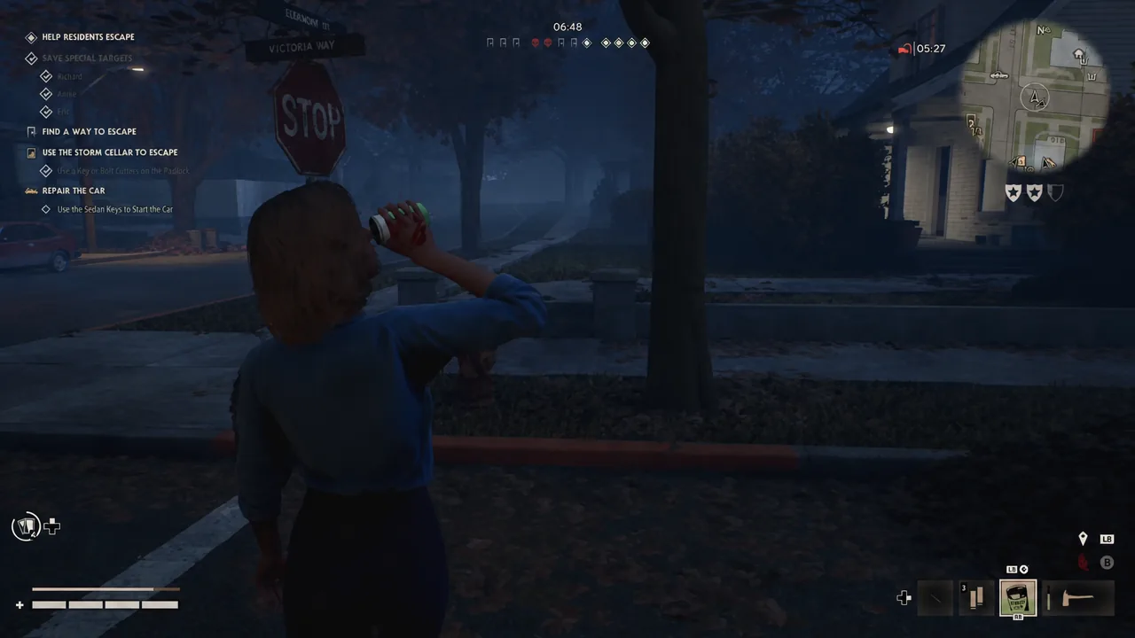 Civilian drinking a Pop consumable to restore stamina while escorting a resident