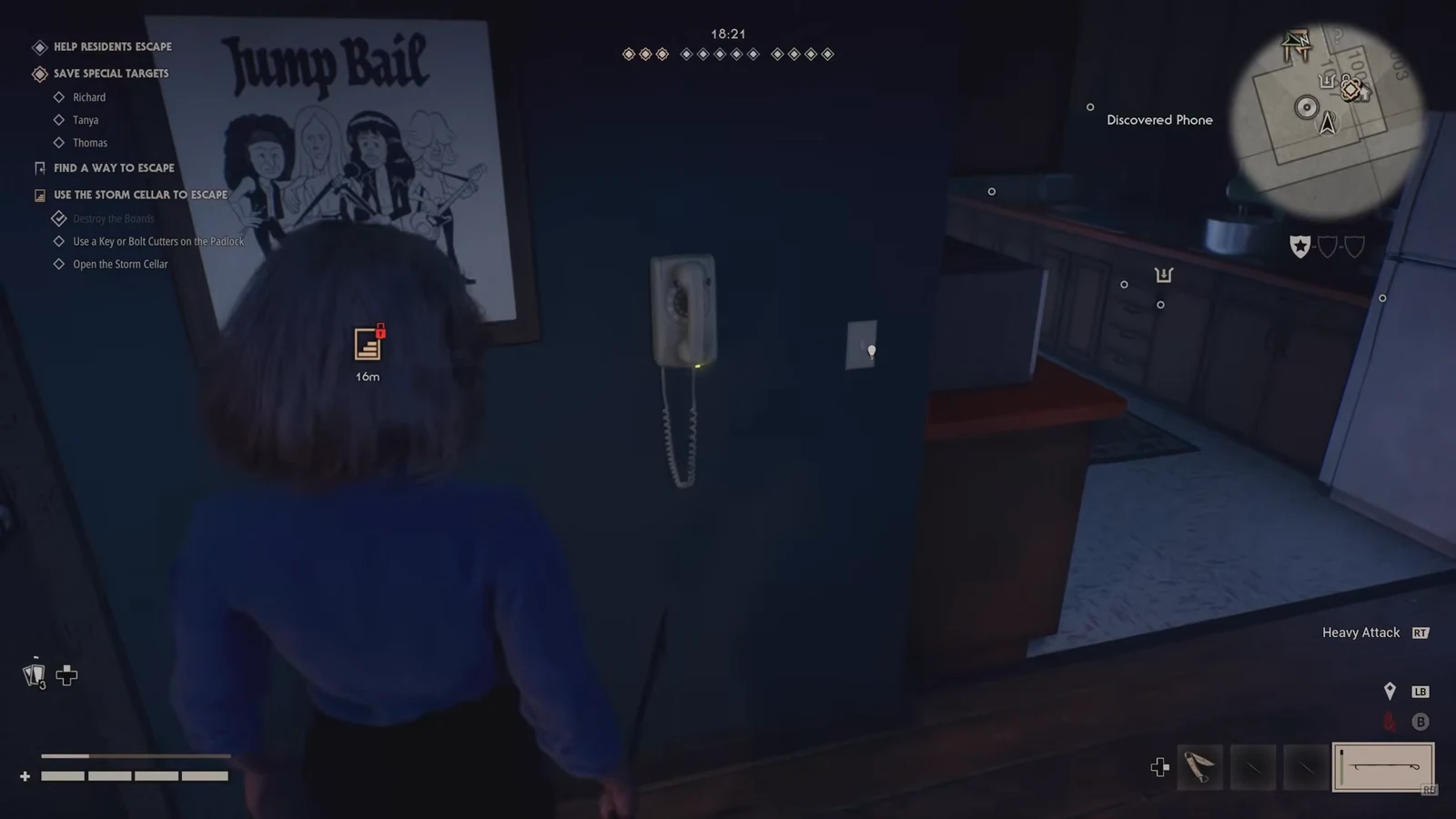 Civilian approaching a wall-mounted phone as the Discovered Phone objective notification appears