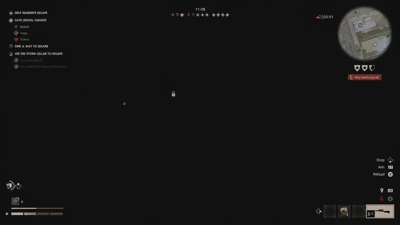 Mission HUD highlighting the Use the Storm Cellar to Escape objective during a match