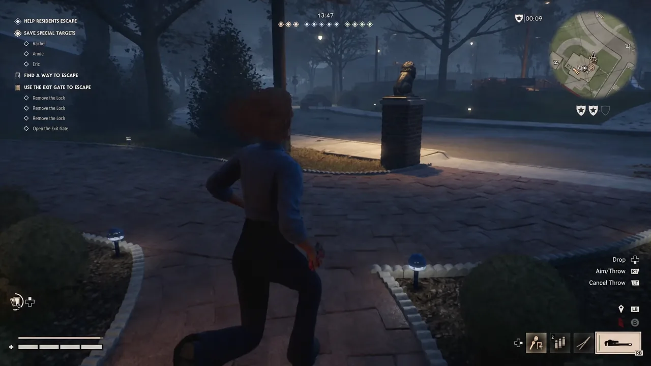 Objective HUD showing Use the Exit Gate to Escape while the player throws an item near the gate