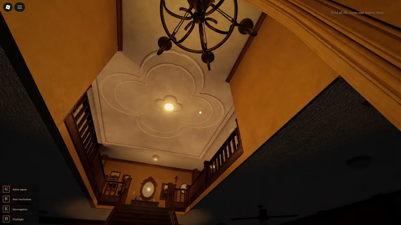 Mansion interior with the on-screen objective telling the player to find and inspect all items