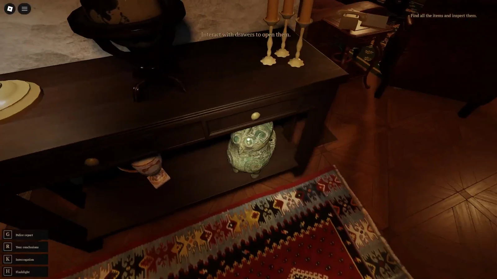 An open sideboard drawer in the dining room with an on-screen prompt to interact with drawers