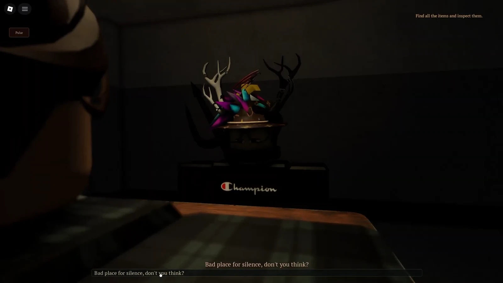 A colorful antlered trophy on a Champion pedestal during the outdoor search