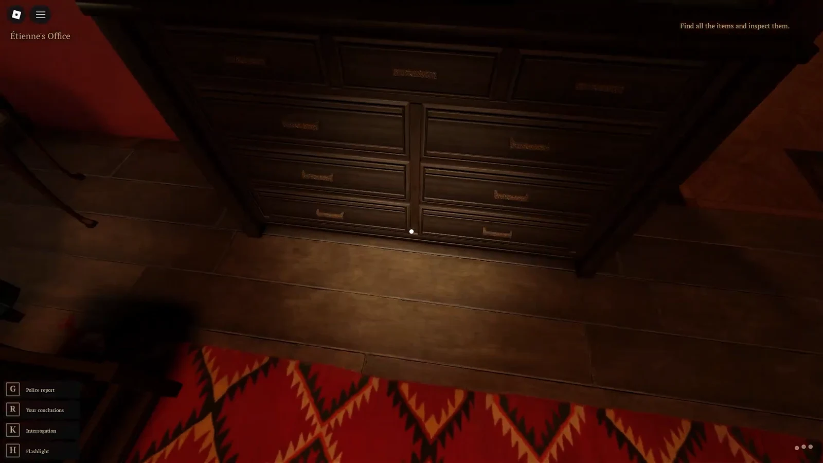 Interaction cursor aimed at the lower drawers of a dresser inside Etienne's Office