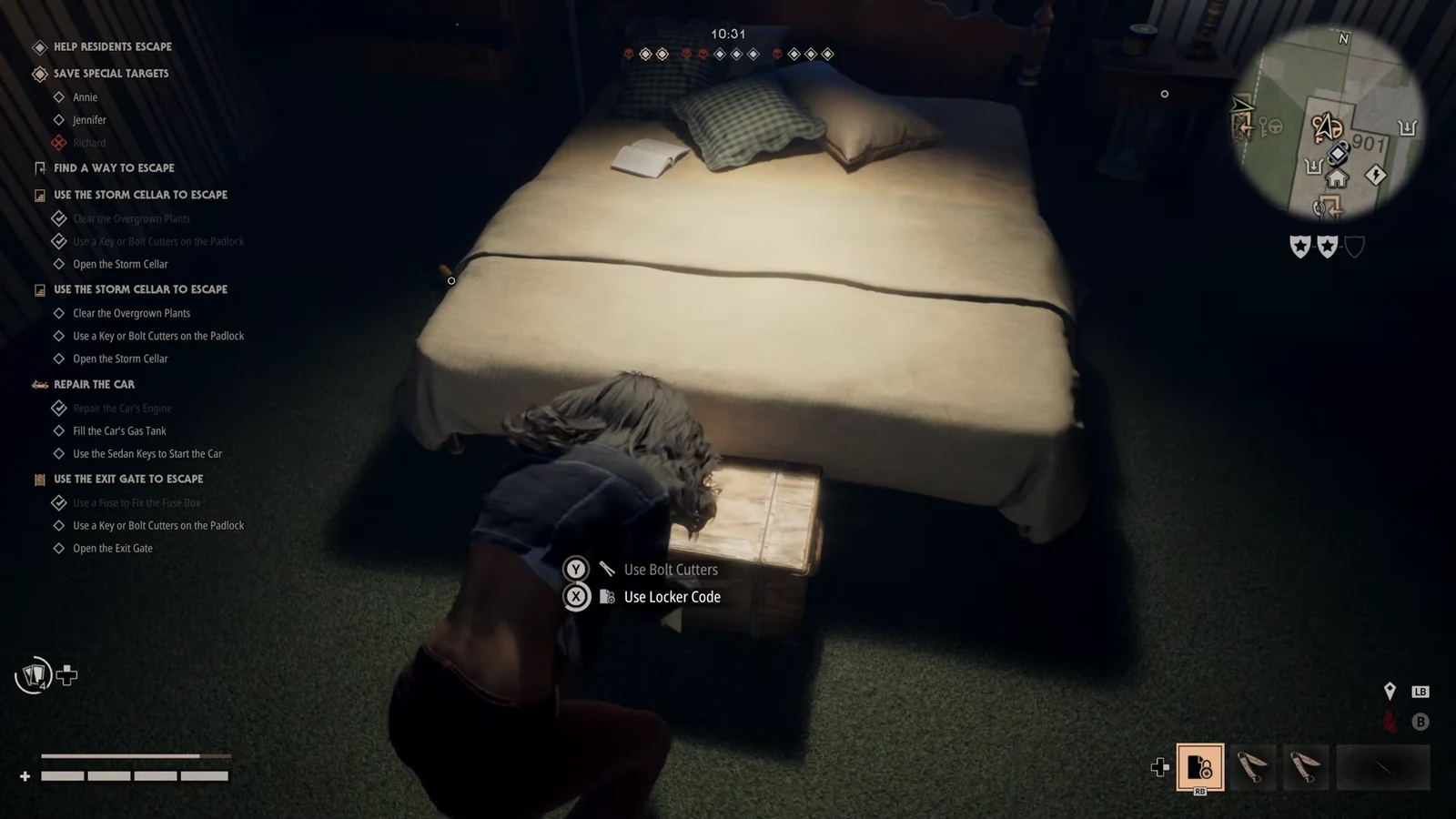 Crouched at a locked chest under a bed with Use Bolt Cutters and Use Locker Code options