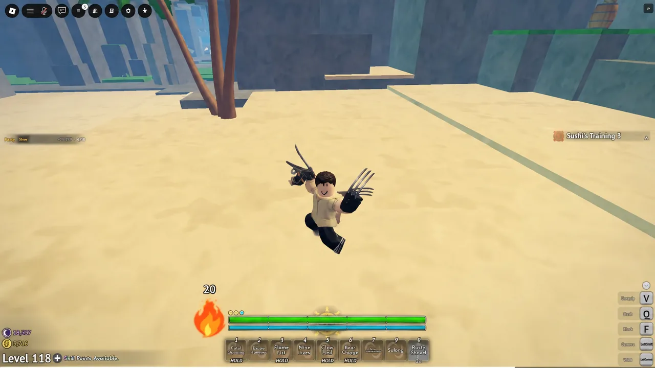 Player midair with claws during a combo in Grand Blue, hotbar visible