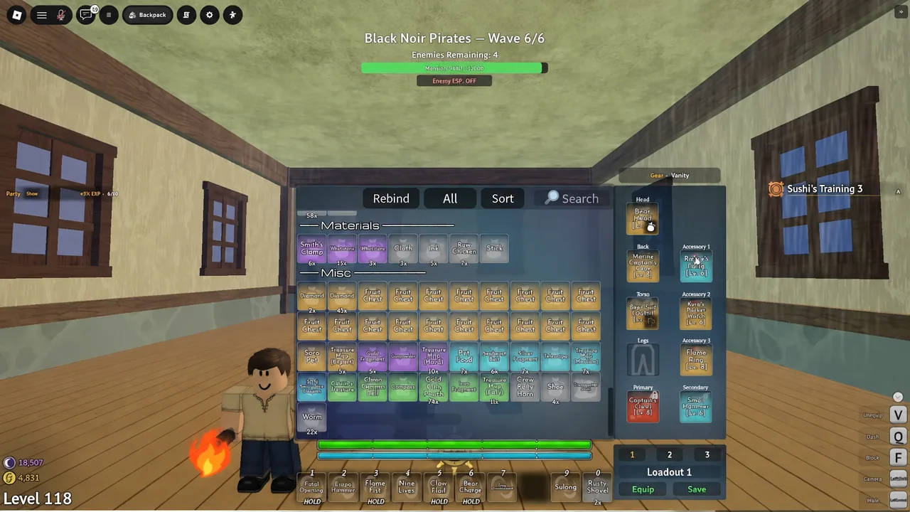 Grand Blue gear and vanity inventory with the Equip button for Loadout 1