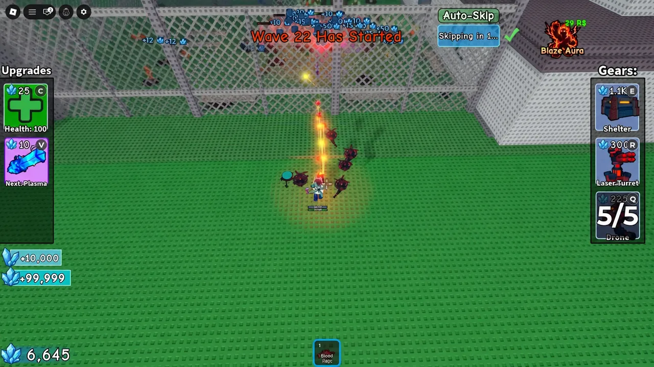 Wave 22 start screen with the Auto-Skip button active skipping the current wave