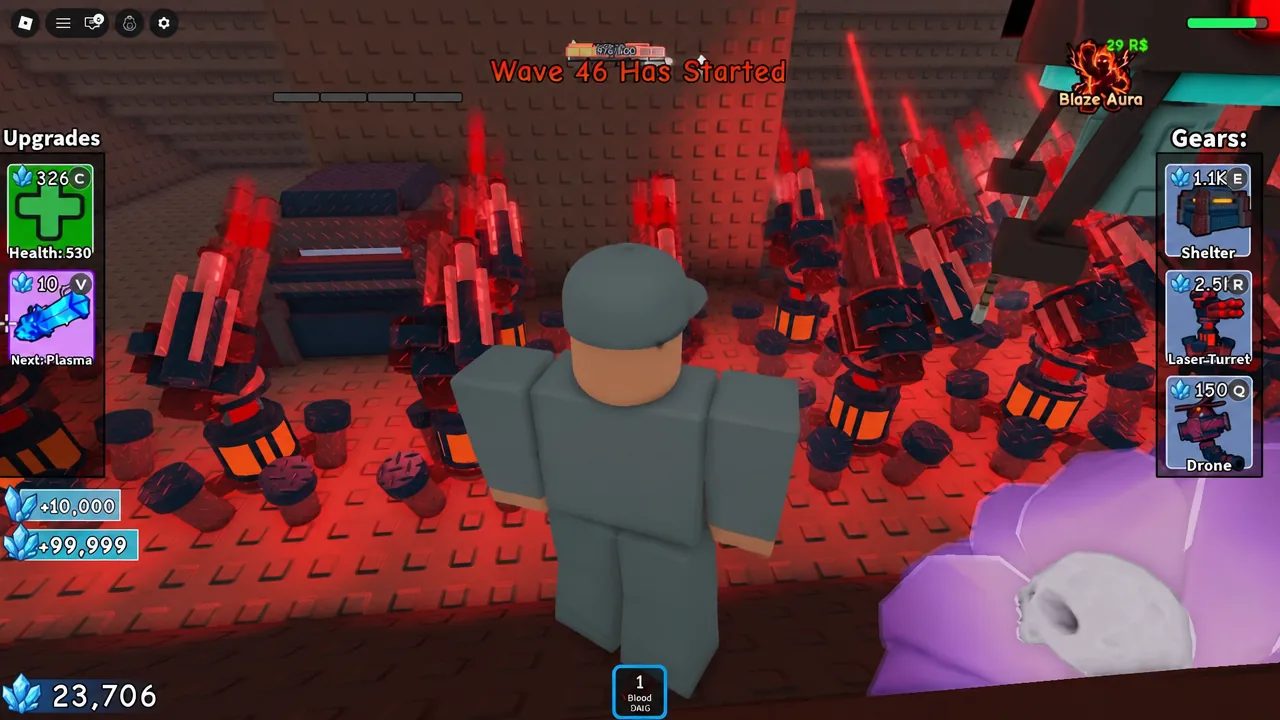 Wave 46 start screen with Laser Turret and Drone defenses active around the player