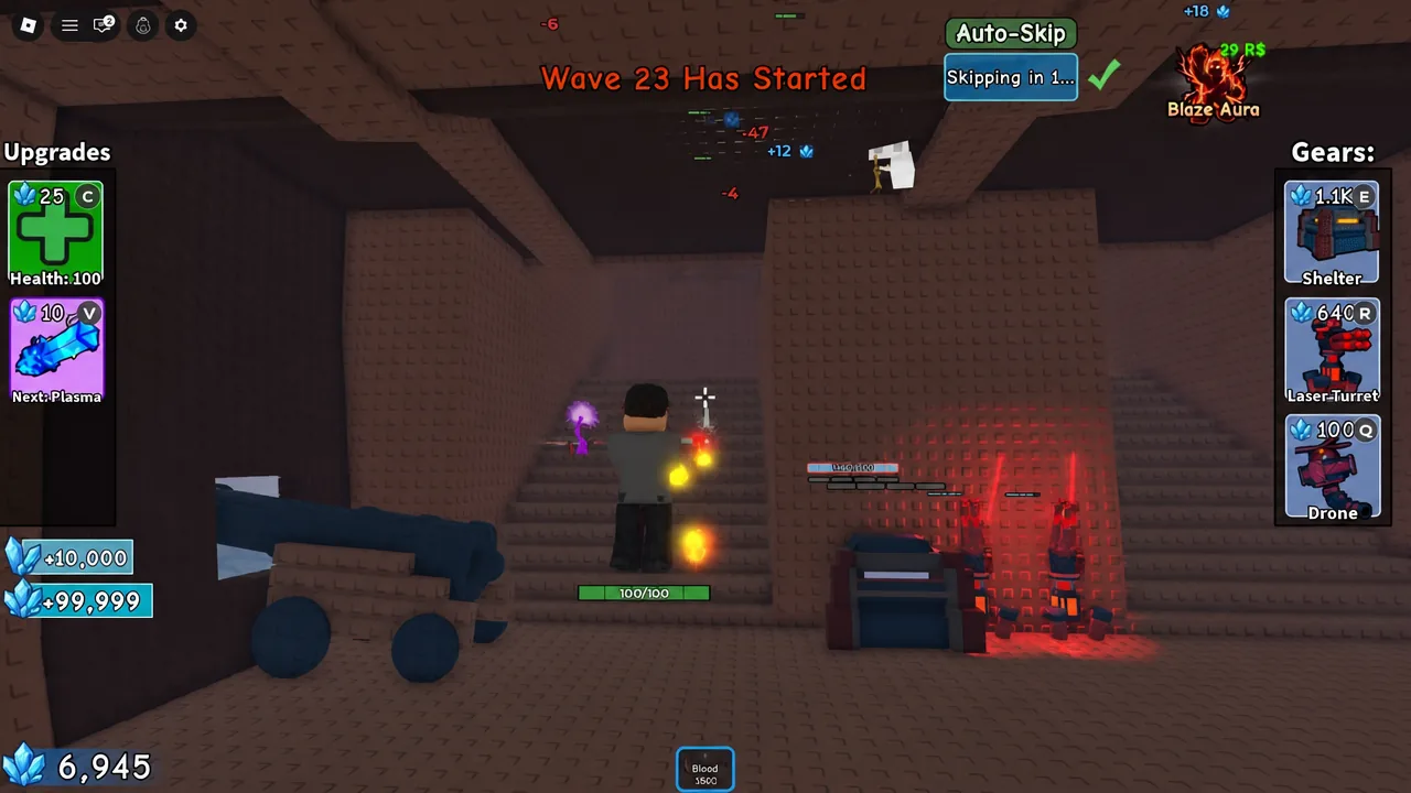 Auto-Skip button active showing Skipping in 1 as Wave 23 begins