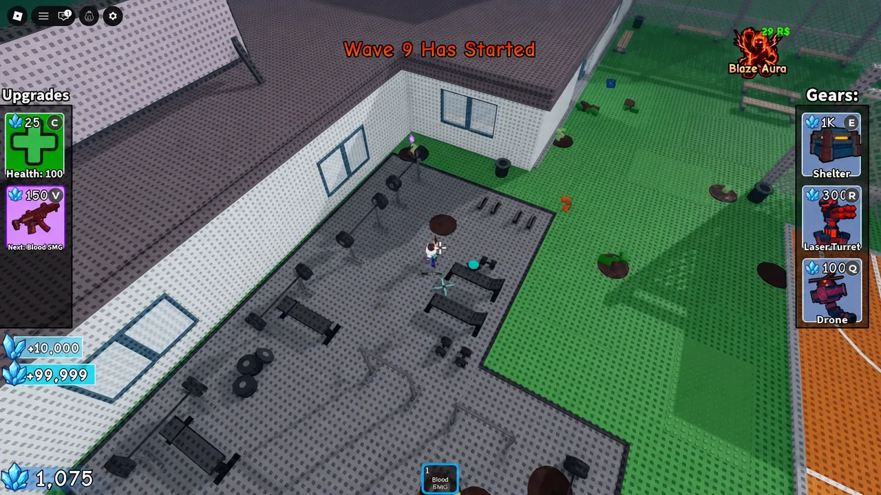 Wave 9 start screen with Blood 6MG selected and Upgrades and Gears panels visible