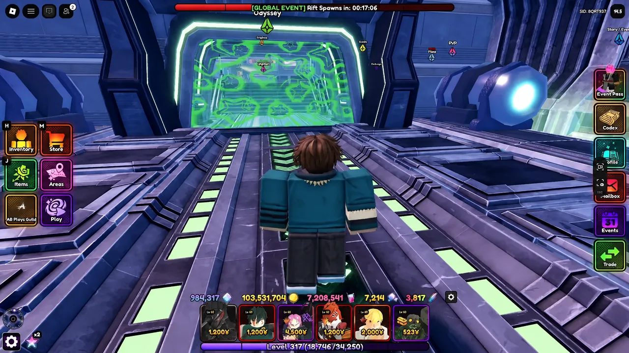Player character walking toward the central Odyssey map portal with the navigation menu open