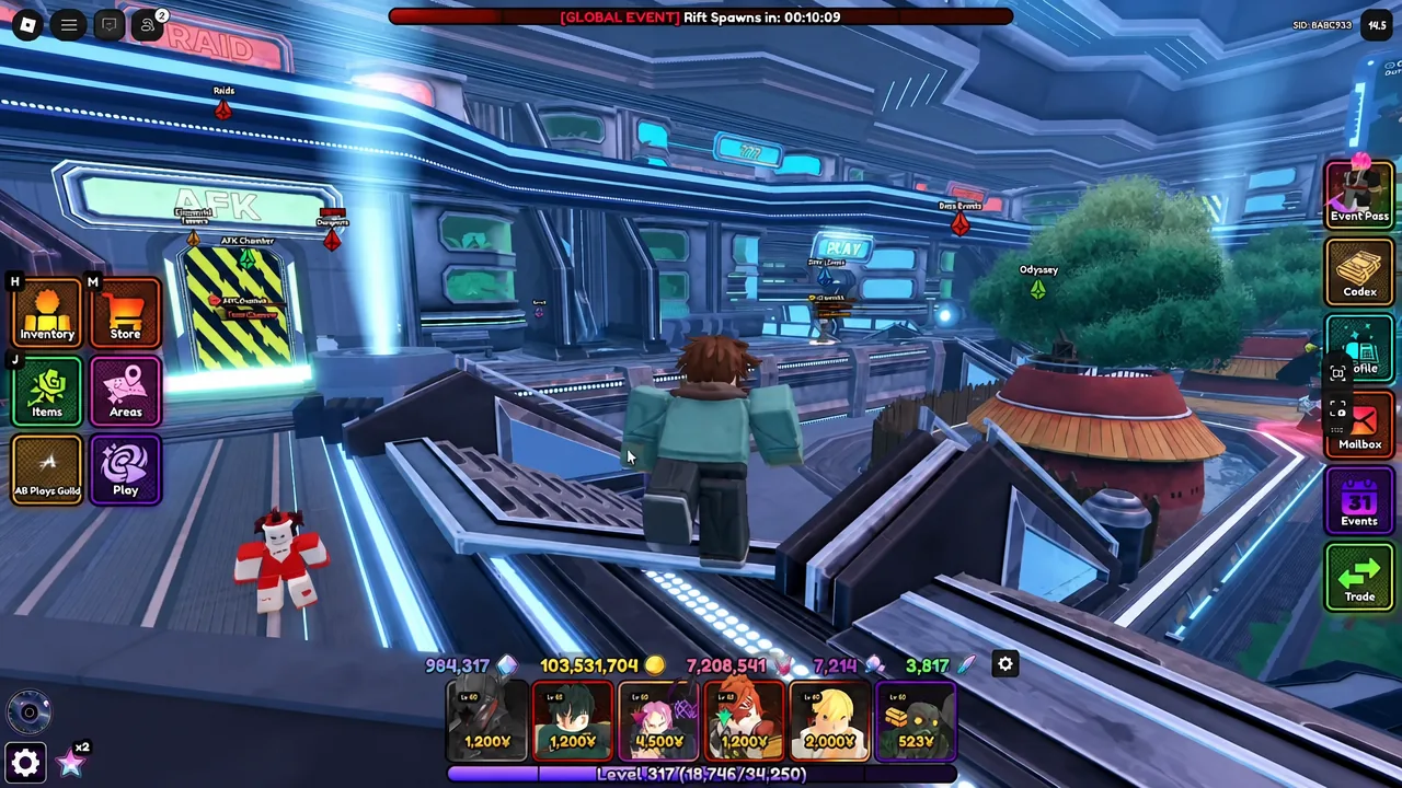 Player character exploring the Anime Vanguards hub with the Inventory panel button on screen