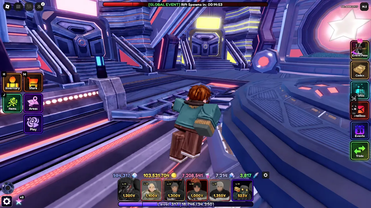 Anime Vanguards hub showing the Inventory, Store, Items, Areas and Play buttons