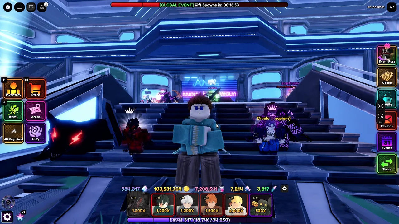 Anime Vanguards lobby with the Inventory button visible on the left side of the screen