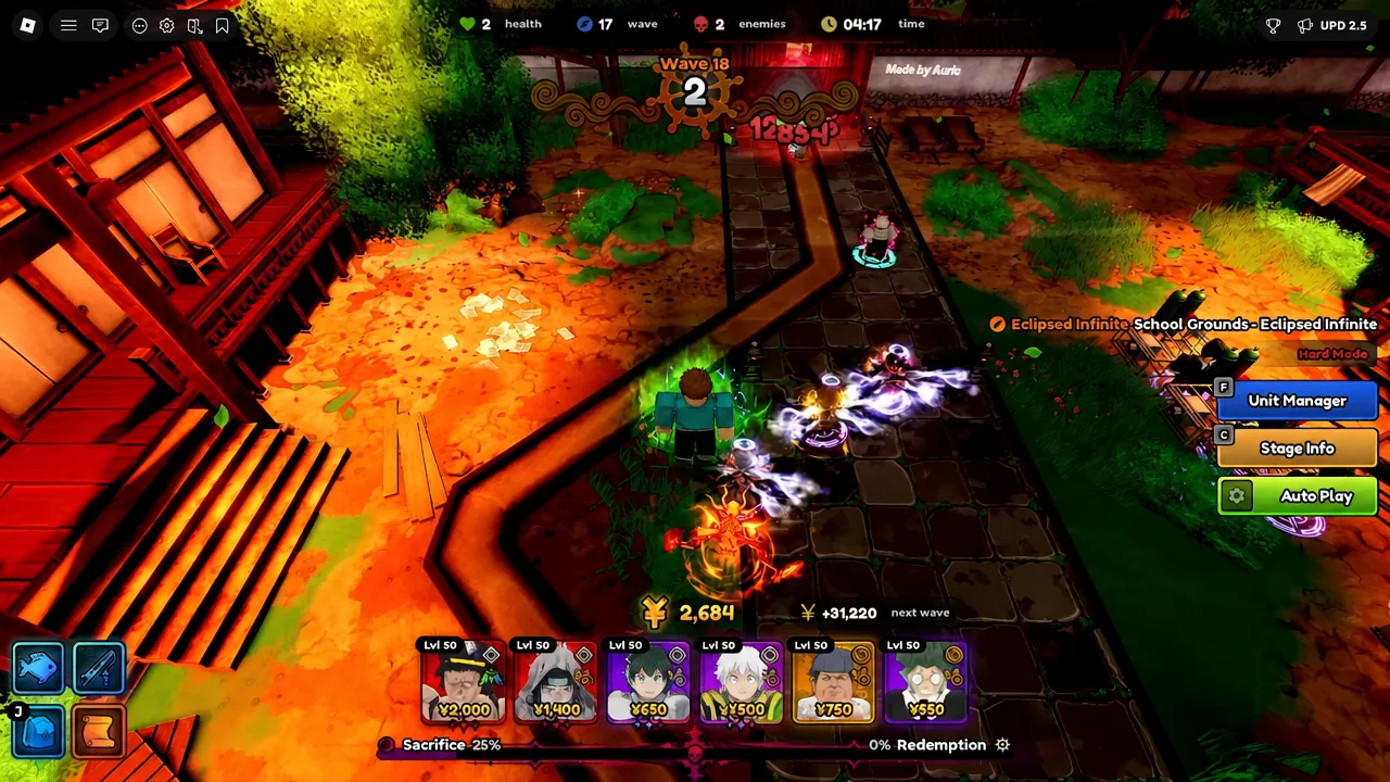 Late-wave Eclipsed Infinite combat at Wave 18 with the green Auto Play button active