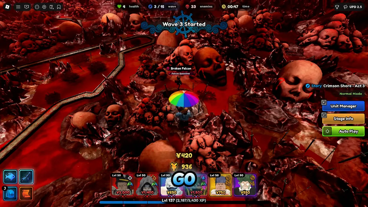 Crimson Shore Act 3 stage selection with the GO button highlighted before the wave starts