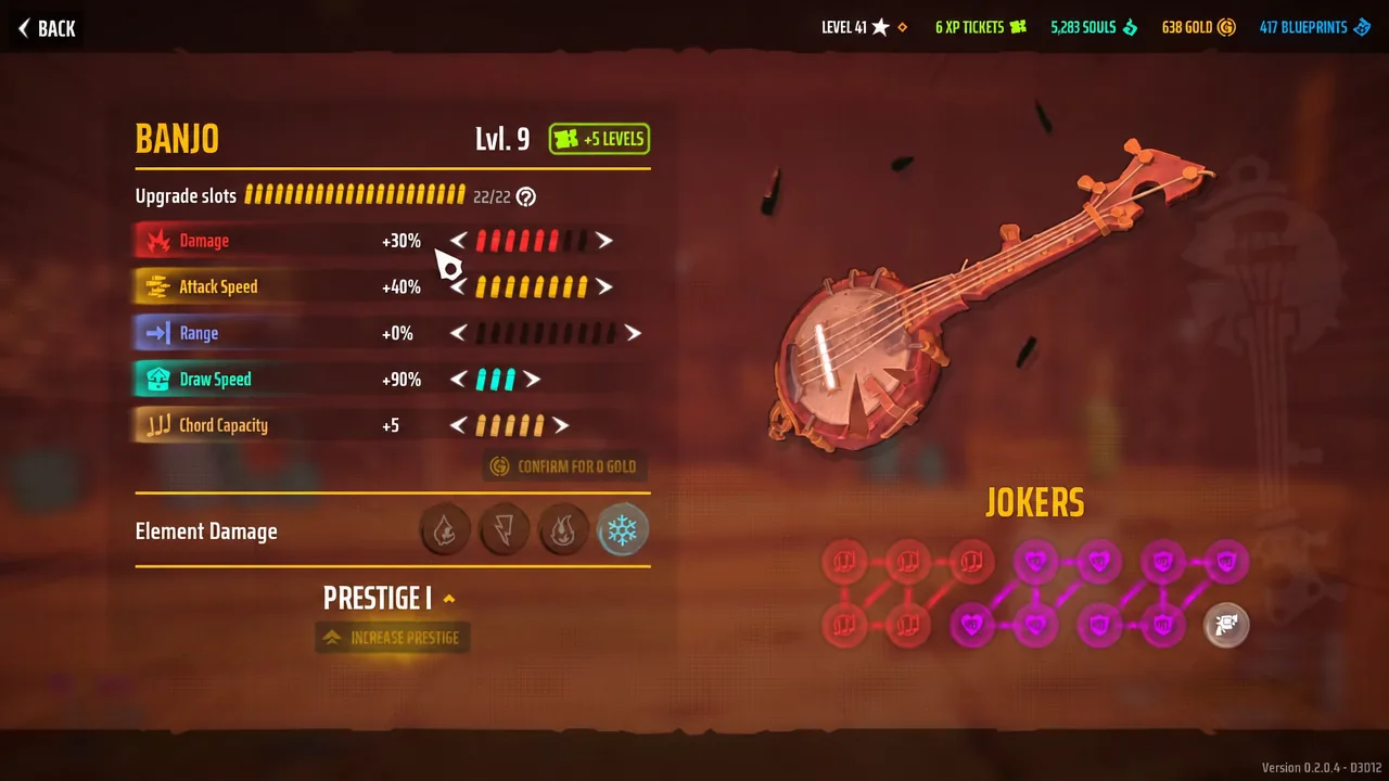 Banjo upgrade menu showing points spent on Damage, Attack Speed, Draw Speed and Chord Capacity