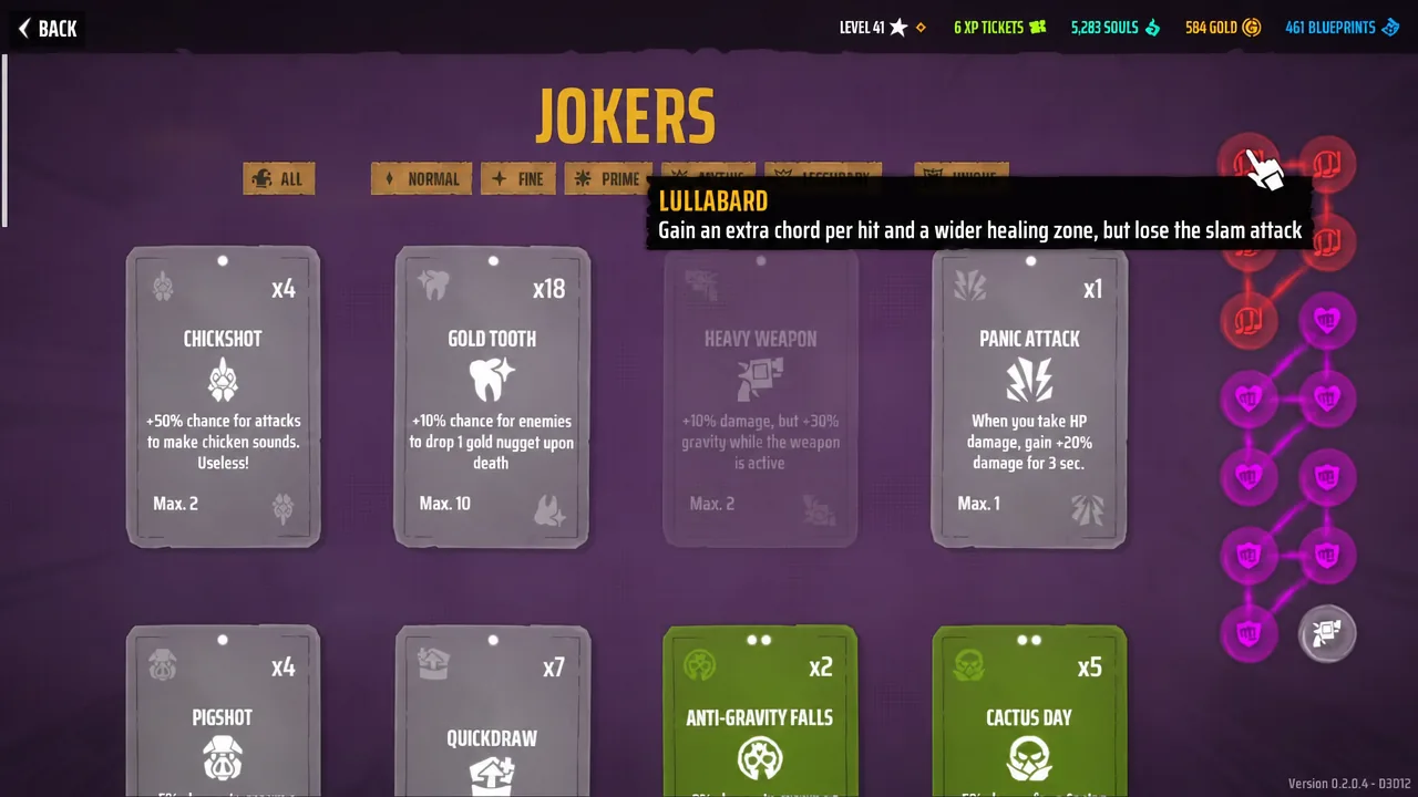 Jokers screen in Far Far West with the Lullabard node hovered, showing its effect tooltip