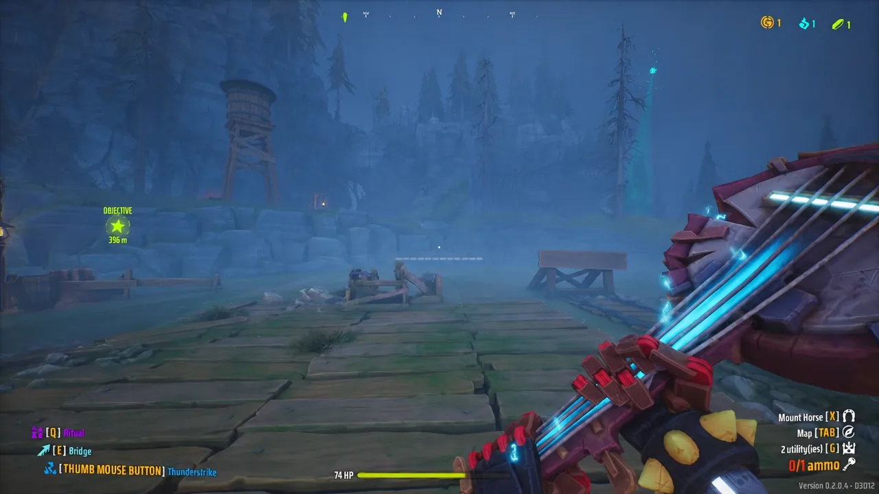 Player aiming a ranged weapon at a distant objective marker during a mission in Far Far West