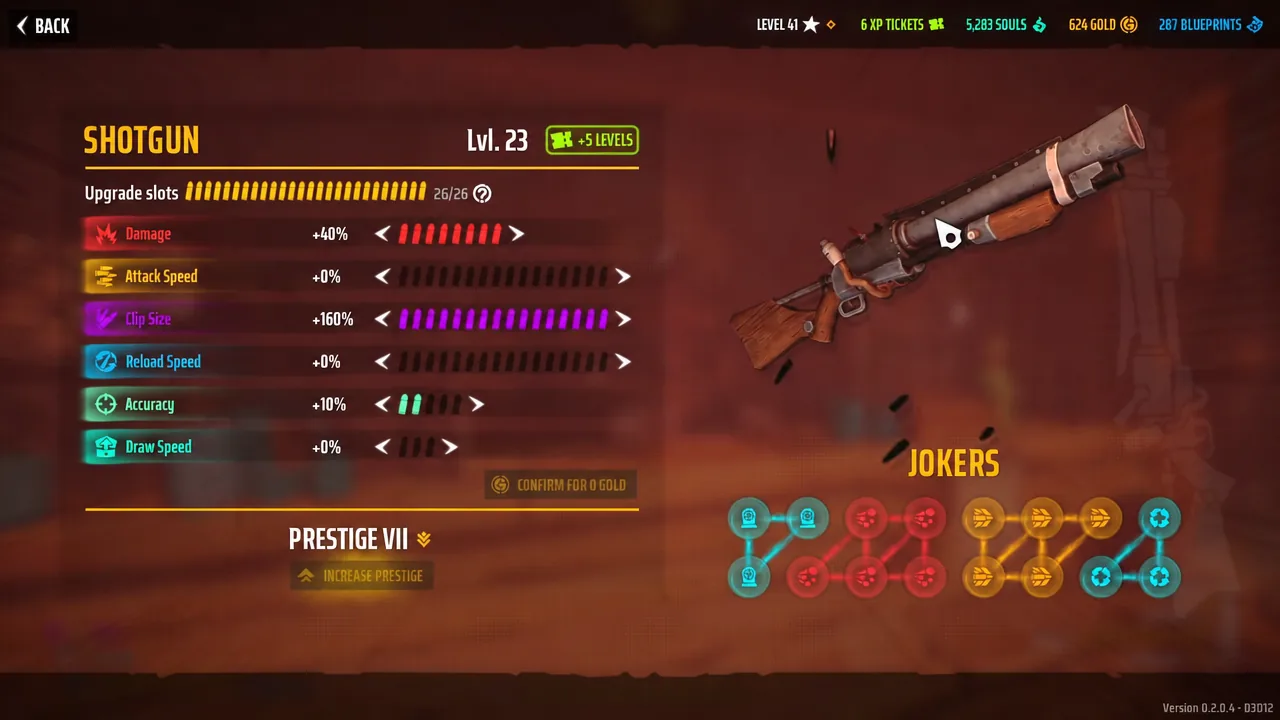 Shotgun upgrade screen with the +5 LEVELS button highlighted
