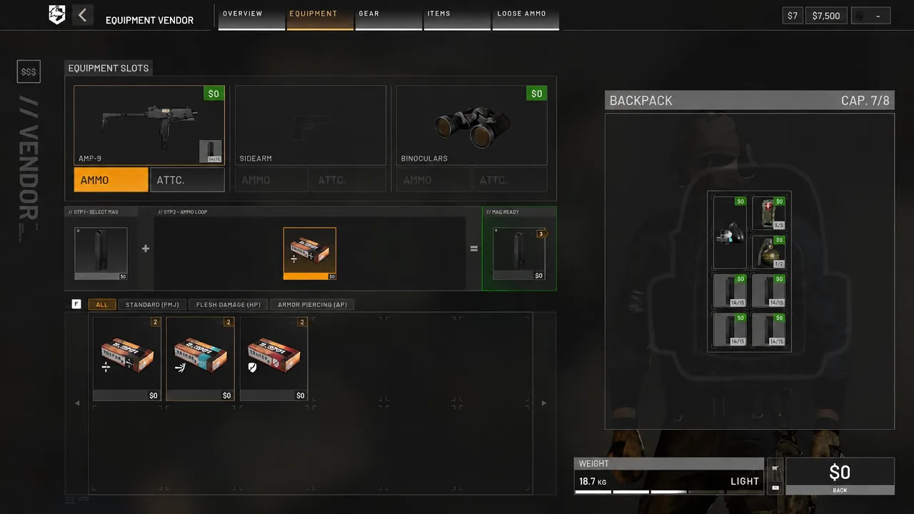 Ammo subtab at the vendor with an ammo box selected to fill an AMP-9 magazine