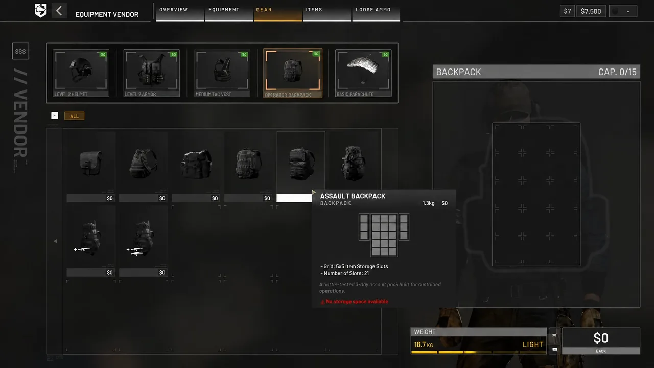 Vendor Gear tab comparing the Operator Backpack against the Assault Backpack's slot layout