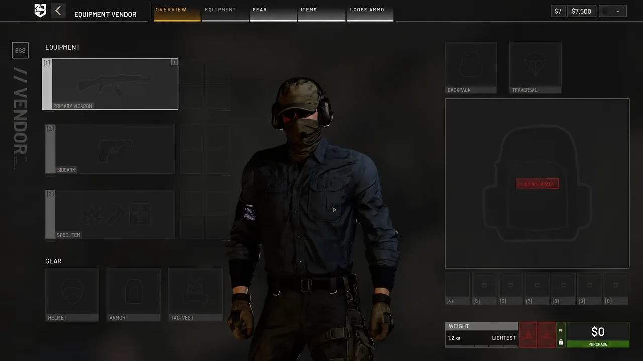 Equipment Vendor overview screen with the Primary Weapon slot highlighted