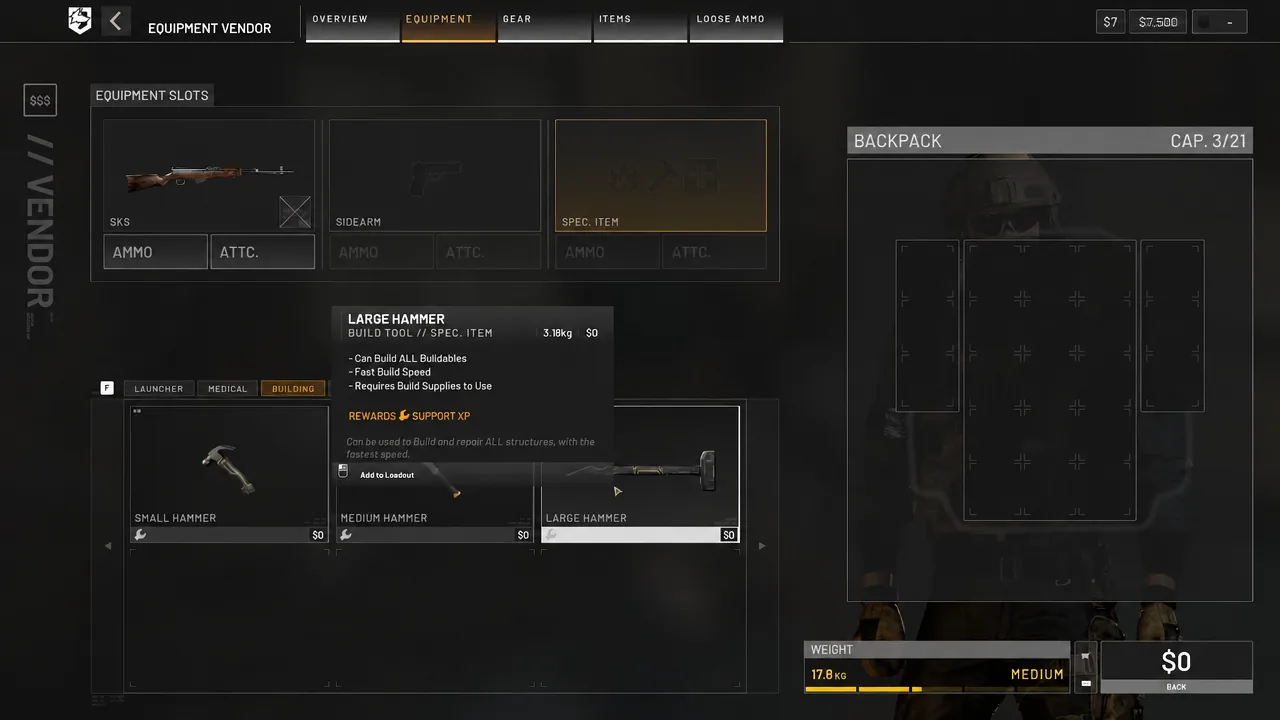 Large Hammer selected in the vendor's Equipment tab with its details tooltip open