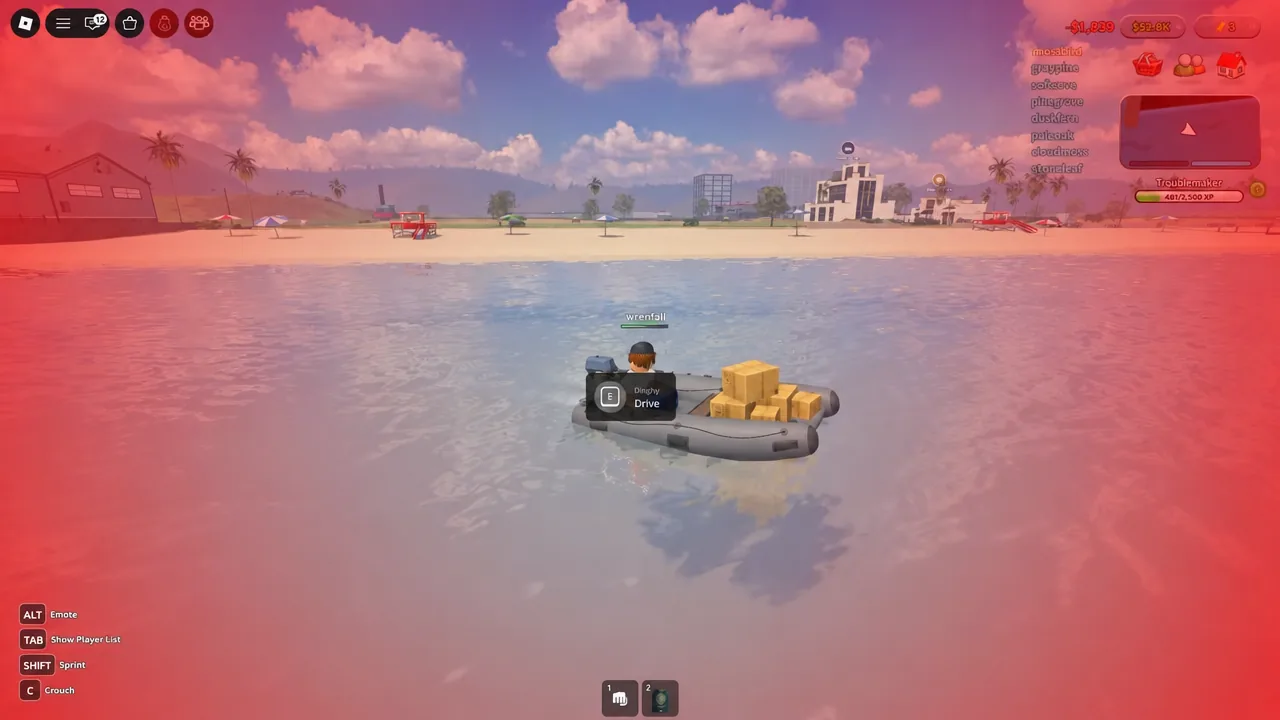 Gameplay view showing the E drive prompt before piloting the dinghy