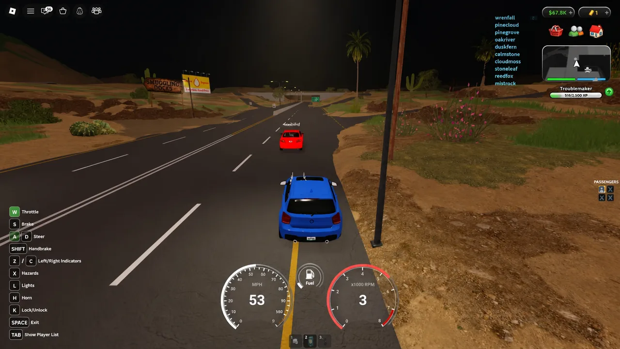 Blue car driving at 53 MPH with the speedometer and vehicle control HUD visible