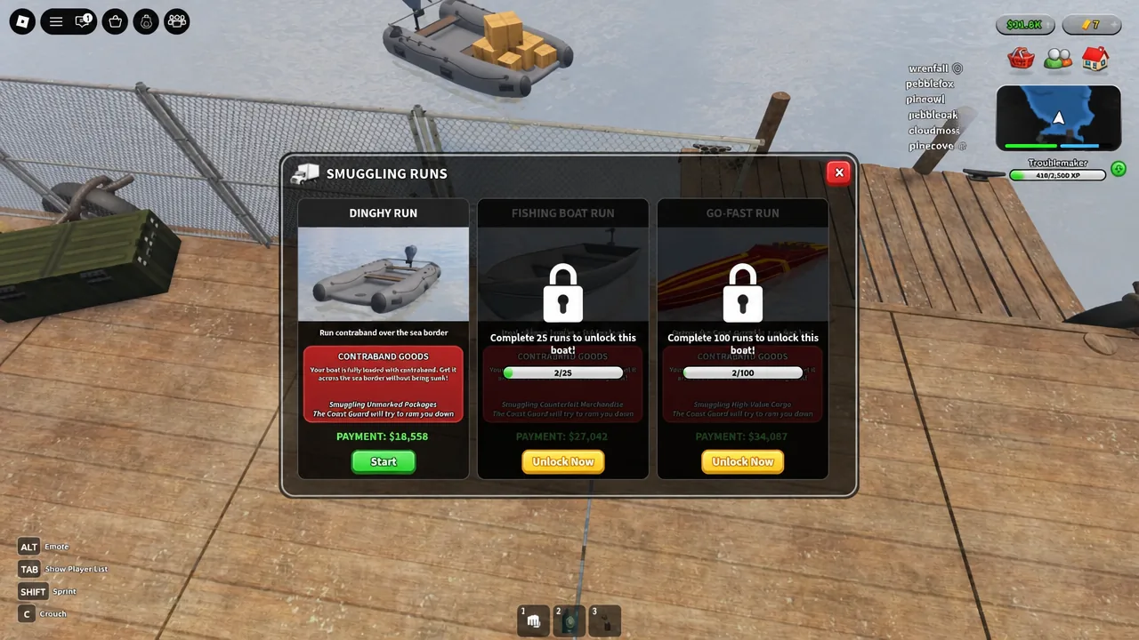 Smuggling Runs menu with the Dinghy Run tab and Start button highlighted