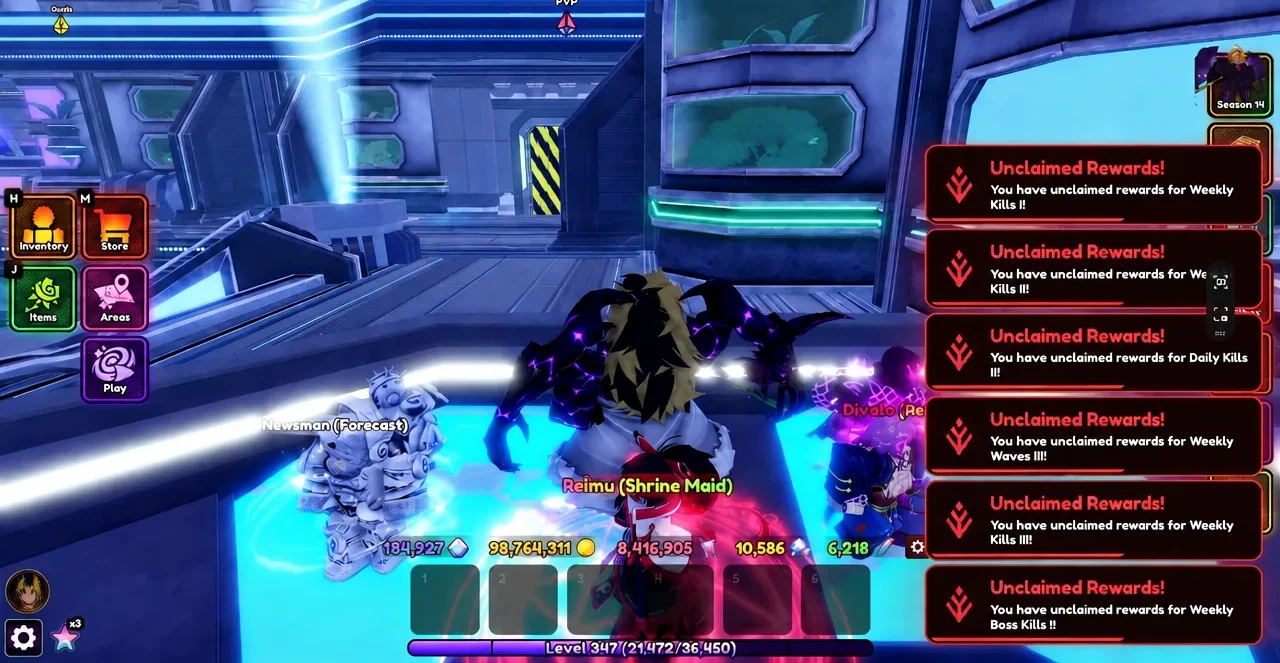 Hub area with stacked Unclaimed Rewards notifications above the player