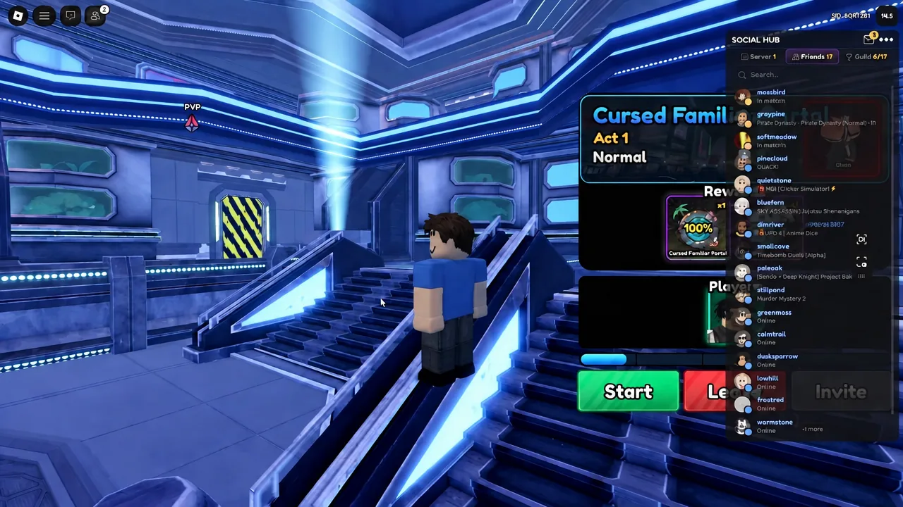 Social Hub Friends tab open over a Cursed Familiar Act 1 lobby waiting on Start