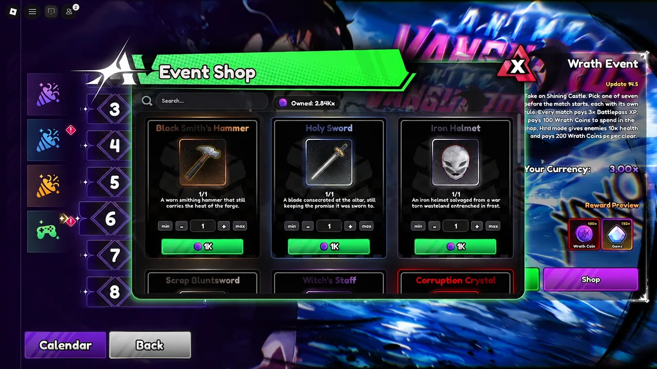 Event Shop menu with the Holy Sword listed among Wrath Event purchases