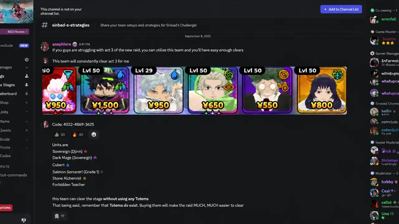A community channel post showing an Act 3 team layout alongside a shareable placement code